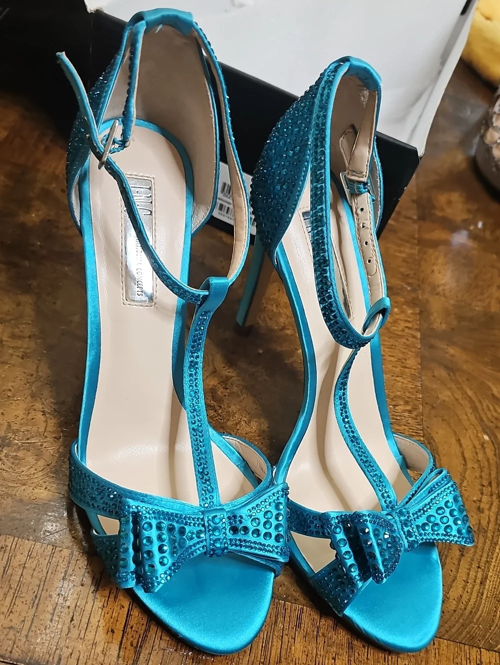 Elegant Teal Satin T-Strap Heels with Bow Accent